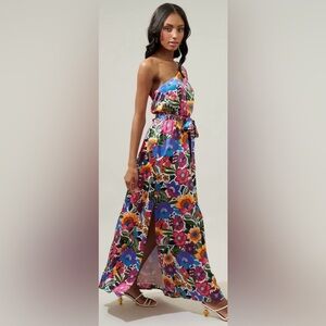 SUGARLIPS Dopamine Floral Feminine One Shoulder Satin Maxi Dress Valentines Day